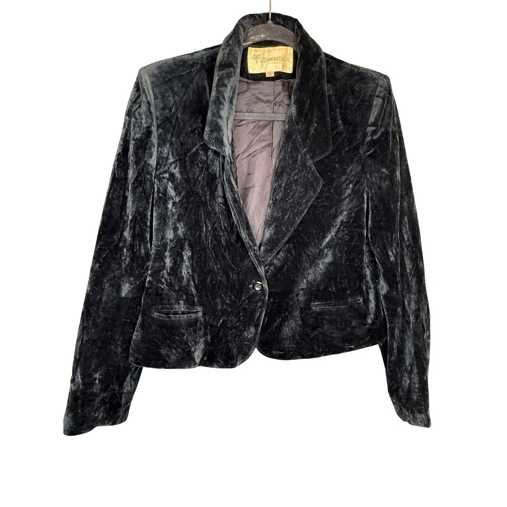 John Meyer Vintage Black Crushed Velvet Cropped Blazer Jacket Womens Size 12